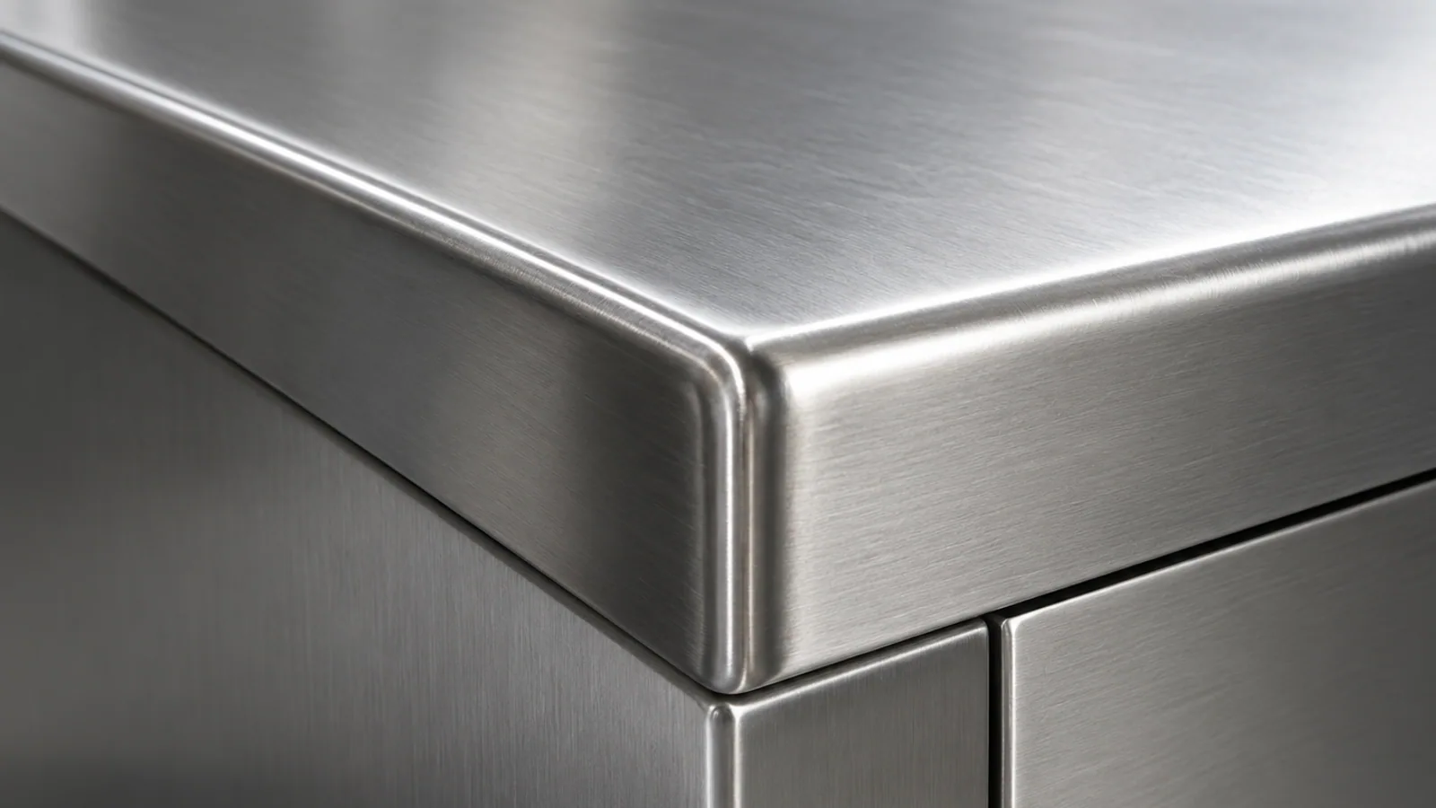 Detalhe aproximado de uma borda de bancada de aço inox escovado