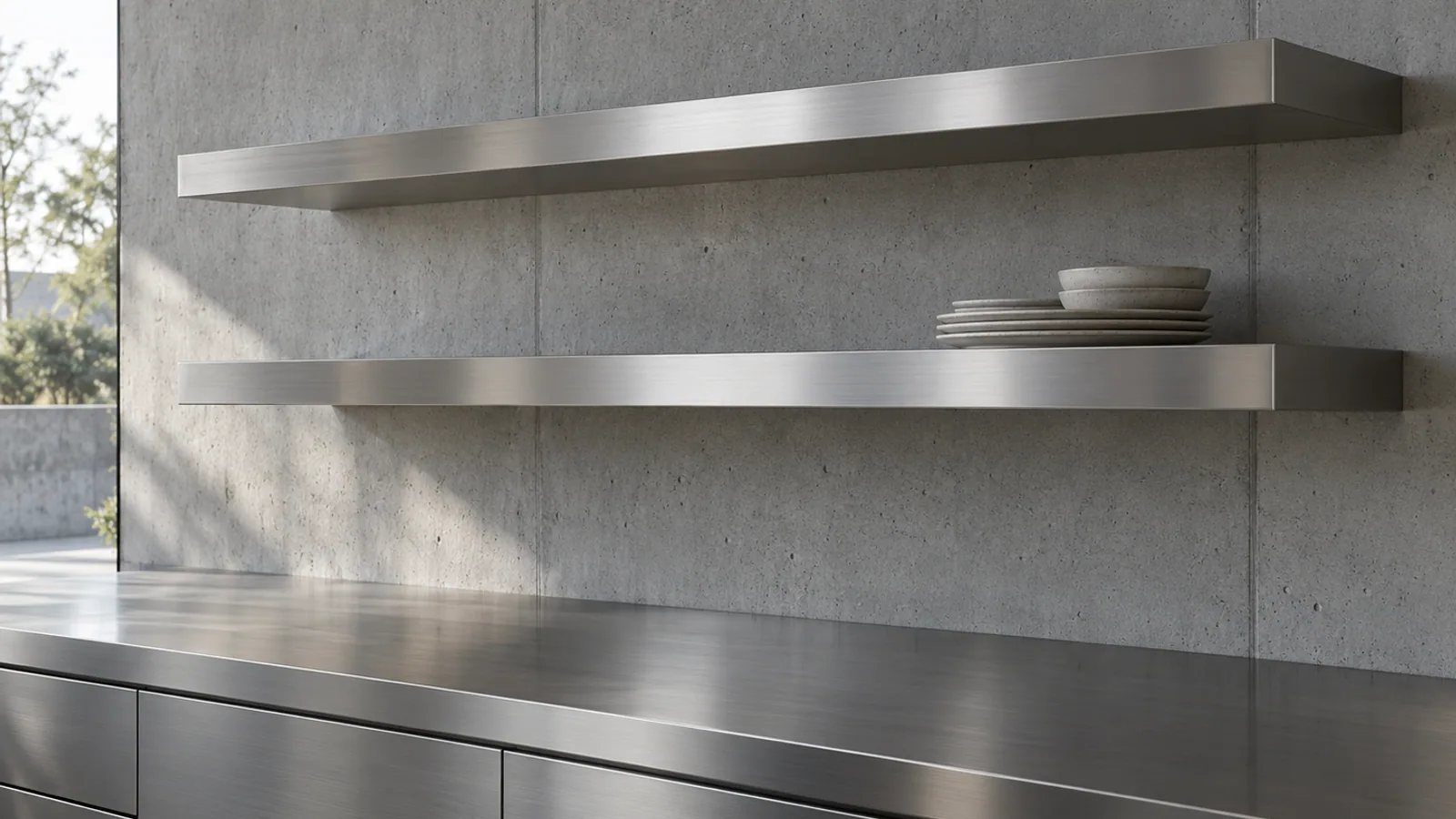 Composição ilustrativa com prateleiras e bancada de aço inox em ambiente contemporâneo